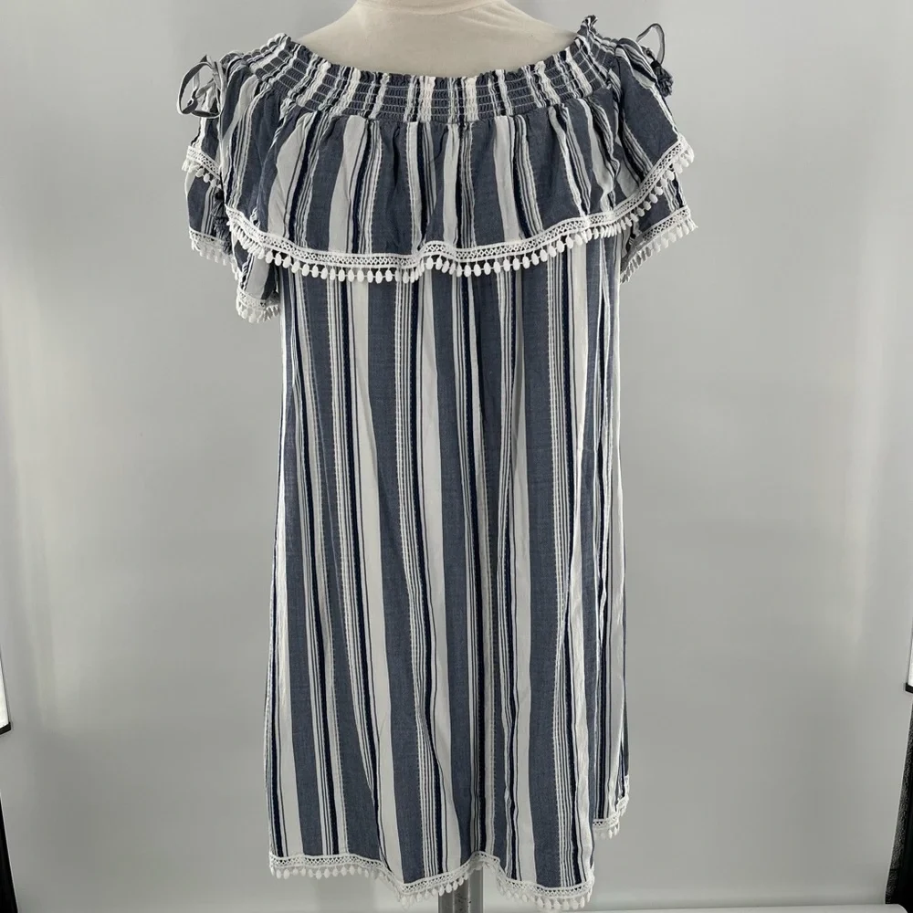 Luxology Dress Striped Off the Shoulder Short Sleeves Ruffle Coastal Nau… - Picture 4 of 13